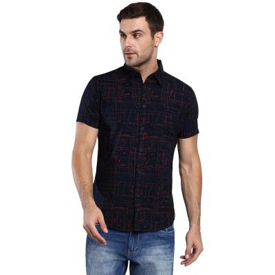Dennis Lingo Men's Geometric Print Slim Fit Cotton Casual Shirt with Spread Collar & Half Sleeves