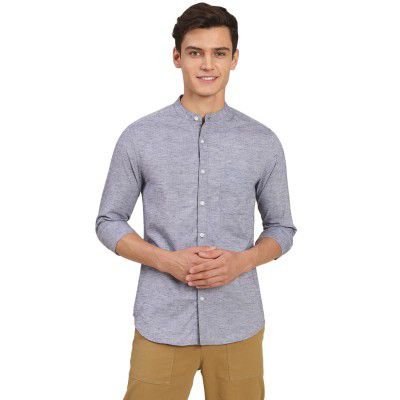 Dennis Lingo Men's Pure Cotton Slim Fit Woven Full Sleeve Mandarin Collar Casual Shirt with Pocket