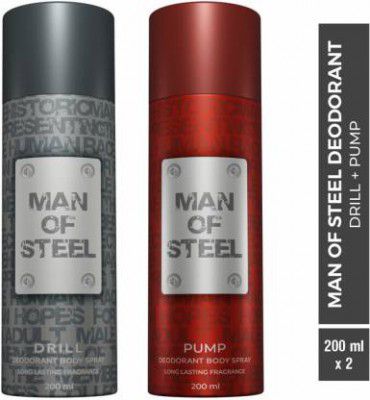 DENVER Combo of Man Of Steel Drill + Pump Long lasting Deodorant Spray - For Men (400 ml, Pack of 2)