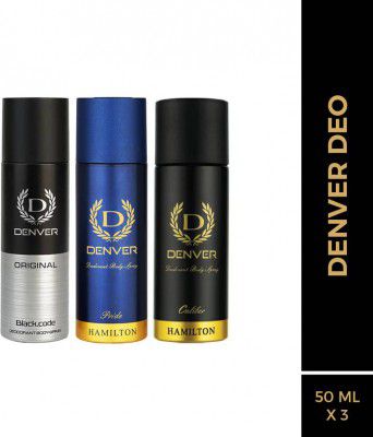 DENVER Pride, Black.code Original & Caliber Nano Deodorant Spray - For Men (150 ml, Pack of 3)