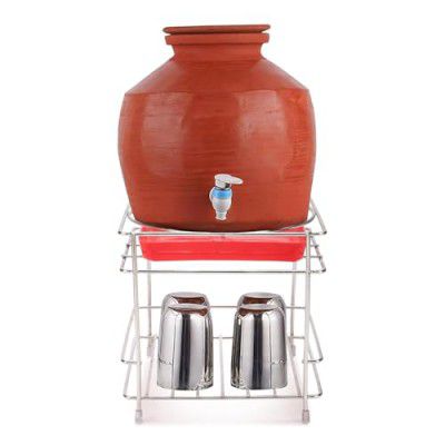 Denzcart Matka Stand for Water Pot, Steel Construction, 20 x 20 x 19 cm, with Storage Tray and Glass Holder