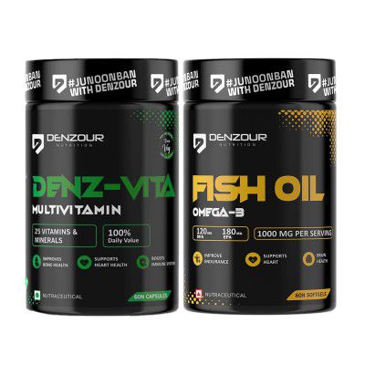 Denzour Nutrition Multivitamin 60 Capsules & Omega 3 Fish Oil 1000mg 60 Softgels | 25 Essential Vitamins & Minerals | Supports Immunity, Energy, Heart, Brain & Joint Health
