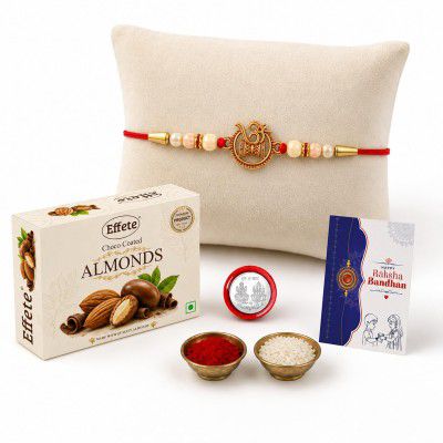 DeoDap Designer Om Damru Rakhi for Brother with Choco Coated Almonds Chocolate 32gm