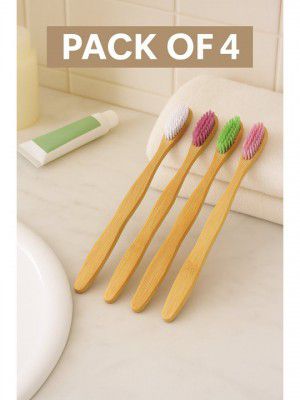 DeoDap Set Of 4 Eco Friendly Natural Bamboo Toothbrush with Medium Bristles