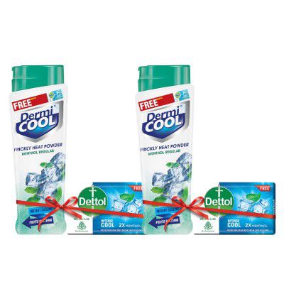Dermicool Menthol Regular Prickly Heat Powder – 150g (Pack of 2) | Dettol Cool Soap 125g Free