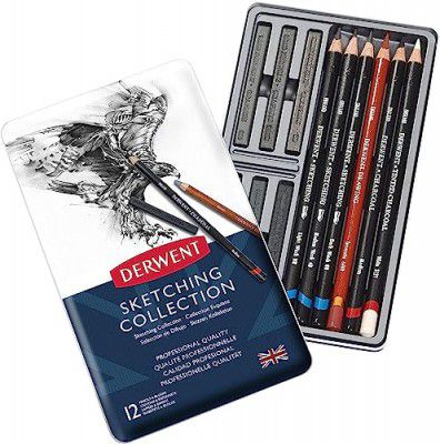 Derwent Sketching Pencil Mixed Media Collection Tin, Professional Quality Mixed Media Sketching Pencils - 34305 (Set Of 12), White