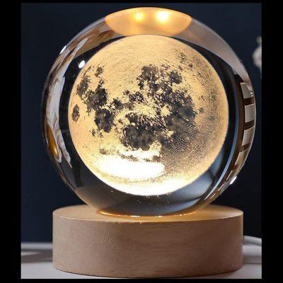 Desidiya 3D New Moon Crystal Night Light Decorative Quartz Glass Ball Bedroom Table Light, Engraved Model Astronomy Décor, Universe Gift For Loved Ones