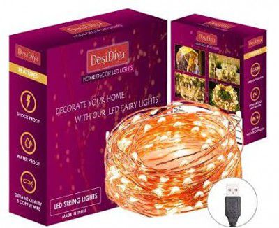 DesiDiya Copper 100 led Fairy String Lights with USB Powered Led Light (10 Meters , Warm White)