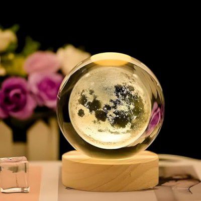 Desidiya Moon Crystal Ball Night Light,2.4 Inch Glass Ball Night LED Lamp with Woodern Base,Decorations Gifts