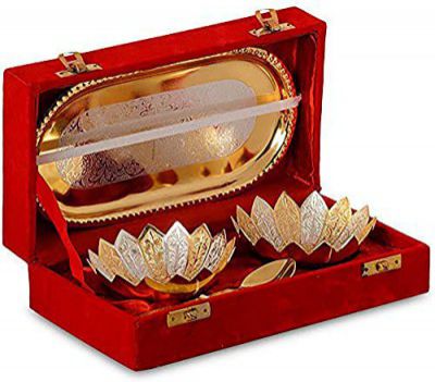 DESIGNOX R Ayurveda Copper Metal Floral Bowl Set 5 Pieces Set In (Red Velvet Imitation Jewelry Box With Gift Ribbon) Pack Of 1 Box, 250 milliliter