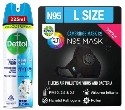 Dettol Disinfectant Sanitizer Spray for Germ Protection on Hard & Soft Surfaces, Spring Blossom, 225ml & Dettol Cambridge N95 Mask – Reusable, Washable, with Breathing Valve (Black, Large)