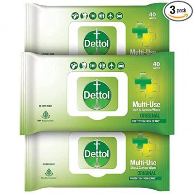 Dettol Disinfectant Sanitizer Wet Wipes for Skin & Surfaces , Original (Pack of 3, 40 Count each) | Moisture-Lock Lid | Safe on Skin | Ideal to Clean Surfaces