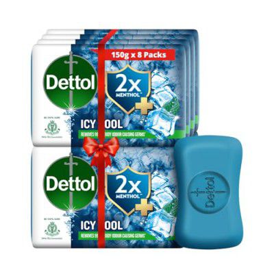 Dettol Icy Cool Bathing Soap Bar With 2X Menthol - 150gm (Pack of 8)