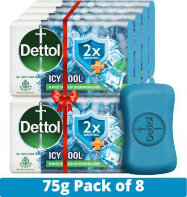 Dettol Icy Cool Bathing Soap Bar, 2X Menthol,  (8 x 75 g)