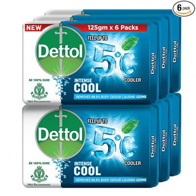 Dettol Intense Cool Bathing Soap Bar with Menthol (Pack of 6 - 125g each)