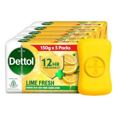 Dettol Lime Fresh Bathing Soap Bar with 12hr Freshness (750gm), 150gm (Pack of 5)