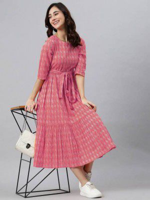 DEVDHAM Women Fit and Flare Pink, White Dress