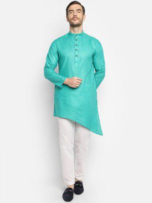 DEVOILERMen Turquoise Blue Striped Asymmetric Kurta