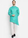 DEVOILERMen Turquoise Blue Striped Asymmetric Kurta...