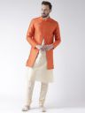 DEYAAN Men Orange & Cream-Coloured Self-Design Silk Sherwani With Achkan...