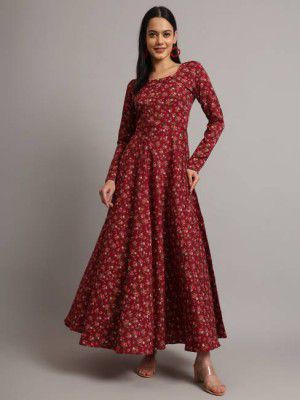 Dhakre fashion  Women Floral Print Viscose Rayon Anarkali Kurta  (Red)