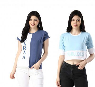 DHRUVI TRENDZ Womens Lycra Check & Printed Cap Sleeves top Running Top (Pack of 2)