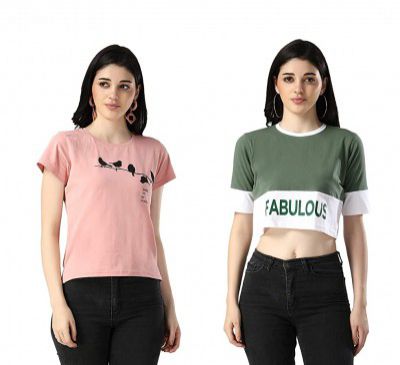 DHRUVI TRENDZ Womens Lycra Plain Regular Fit T-Shirts/Top (Pack of 2)(Green&Green)