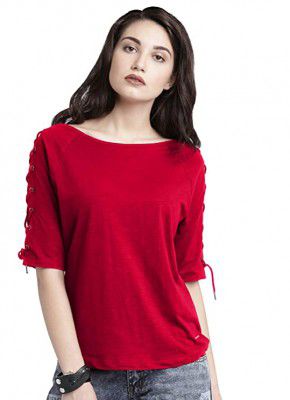 DHRUVI TRENDZ Womens Plain Lycra with Dori Design on Half-Sleeve Regular Fit Office wear,Casual wear Top