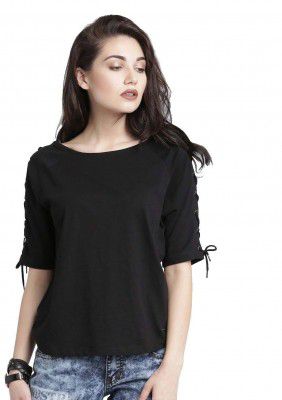 DHRUVI TRENDZ Womens Plain Lycra with Dori Design on Half-Sleeve Regular Fit Office wear,Casual wear Top