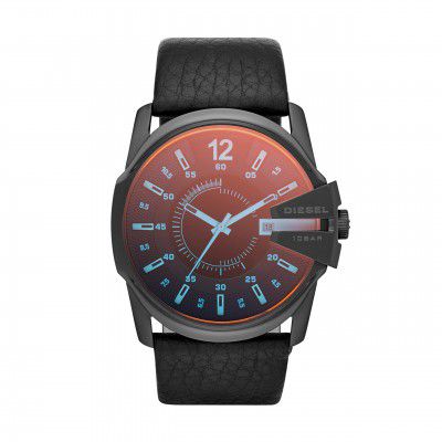Diesel Leather Master Chief Analog Black Over Sized Dial Men Watch - Dz1657, Black Band