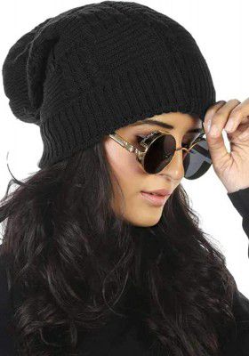 DIGITAL SHOPEE Womens Woollen Solid Woven Winter Knitted Skull Cap ( Black Free Size )