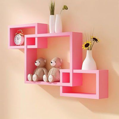 Dime Store Interlock Engineered Wood Wall Mount Wall Shelf for Living Room and Home Wall Decor Items (Set of 3, Pink)