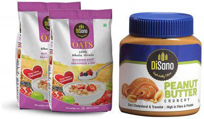 DiSano Peanut Butter, Crunchy, 1 Kg + Disano Oats with High in Protein and Fibre Pouch, 2 kg