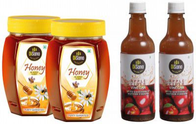 DiSano Pure Honey 1 Kg (2 x 500gm) & Apple Cider Vinegar (ACV) with Mother Vinegar, Raw, Unfiltered, Undiluted - 1000 ml (2 x 500ml)