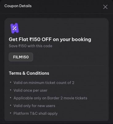 District App: Get Flat Rs.150 off on Minimum two (2) Tickets booking of "Border 2" Movie