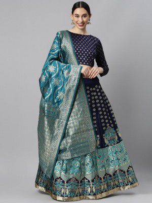 DIVASTRI Blue & Green Woven Design Lehenga Choli