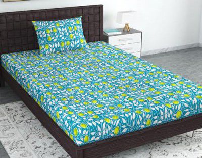 Divine Casa 144 TC Pure 100% Cotton Soft Feel Skin Safe Breatheable Flat Bedsheets | Soft Fabric for Summer | Single Bedsheet Set with 1 Pillow Covers - Tile Blue