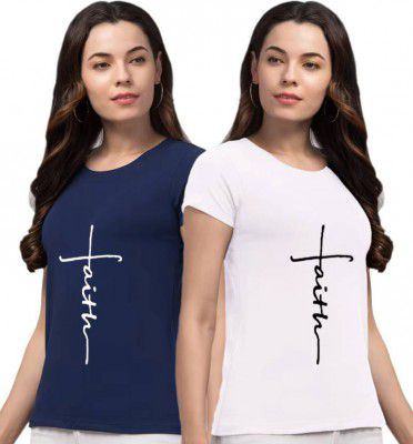 Diving deep  Pack of 2 Women Printed Round Neck Cotton Blend Multicolor T-Shirt