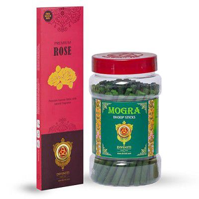 Diviniti Premium Rose Incense Sticks| Mogra Dhoop Sticks| Incense Sticks & Dhoop with Natural Fragrance| Soothing & Long-Lasting Aroma for Daily Puja, Prayer, Meditation, Yoga (Combo of 2)
