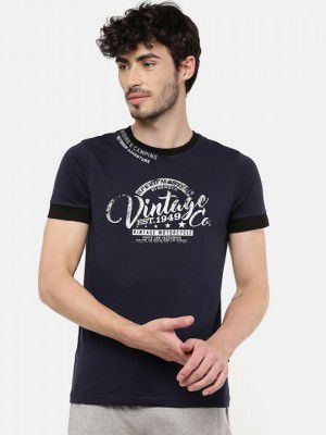 DIXCY SCOTTMen Navy Blue Typography Printed Applique T-shirt