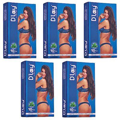 D'lay Dotted Real Feel Condoms for Men | Ultra Soft | For Extra Pleasure and satisfaction | Long Lasted, Lubricated | Mint Flavour Condoms - 10 (Pack of 5)