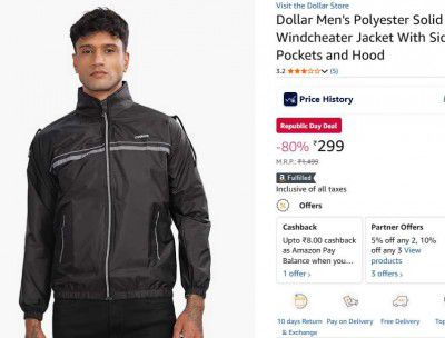 Dollar Men's Polyester Solid Hooded Windcheater Jacket