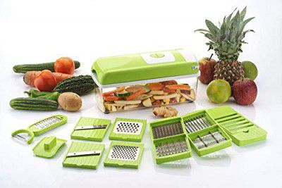 Dolmil 12 in 1 Multipurpose Chopper, Fruits & Vegetable Cutters, Grater Peeler Chipser, Unbreakable Food Grade Body, Easy Push to Clean Button Slicer Dicer, Chopper for Kitchen (Green, Plastic)