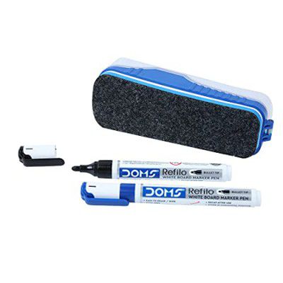 DOMS Fine Magnetic Whiteboard Duster Marker Set | Refillable White Board Marker With Good Grip | Set of 2 Markers & 1 Duster | Blue & Black Ink, Pack of 1