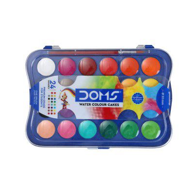 DOMS Non-Toxic 30mm Water Colour Cake Set with Paint Brush (24 Assorted Shades x 1 Set)
