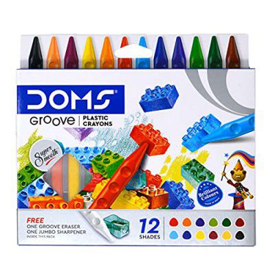 DOMS Non-Toxic Groove Plastic Crayons (12 Assorted Shades)