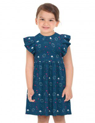 Donuts Cotton Girls Navy Cap Sleeve Floral Print Dress Knee-Length Dresses (DOJGDRS00163B11_Blue_5Y)