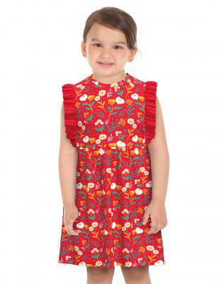 Donuts Cotton Girls Red Round Neck Flared Floral Print Dress below The Knee Dresses (DOJGDRS00176R05 07Y)