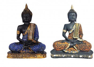 Dorvik Set of 2 Buddha Statue Doing Meditation for Home & Office décor (Color - Blue & Gold Material/Orange & Gold - Resin, Height-10 Inches Width- 6.5 Inches)