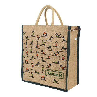 DOUBLE R BAGS Big Eco reusable yoga print jute cloth Carry lunch tiffin bag with zip Reinforced Handle for men women, Size Medium, Multicolour